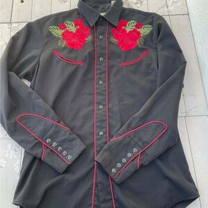 Men's Black Shirt with Red Floral Embroidery